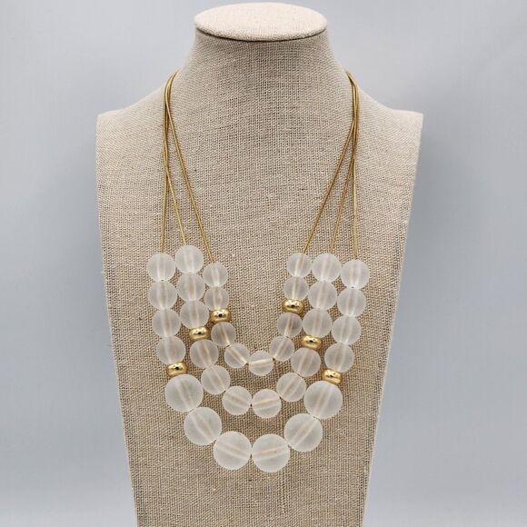 VTG Triple Strand Frosted Acrylic  & Gold Tone Beads Top Chain 17" Costume Jewel - Picture 1 of 4